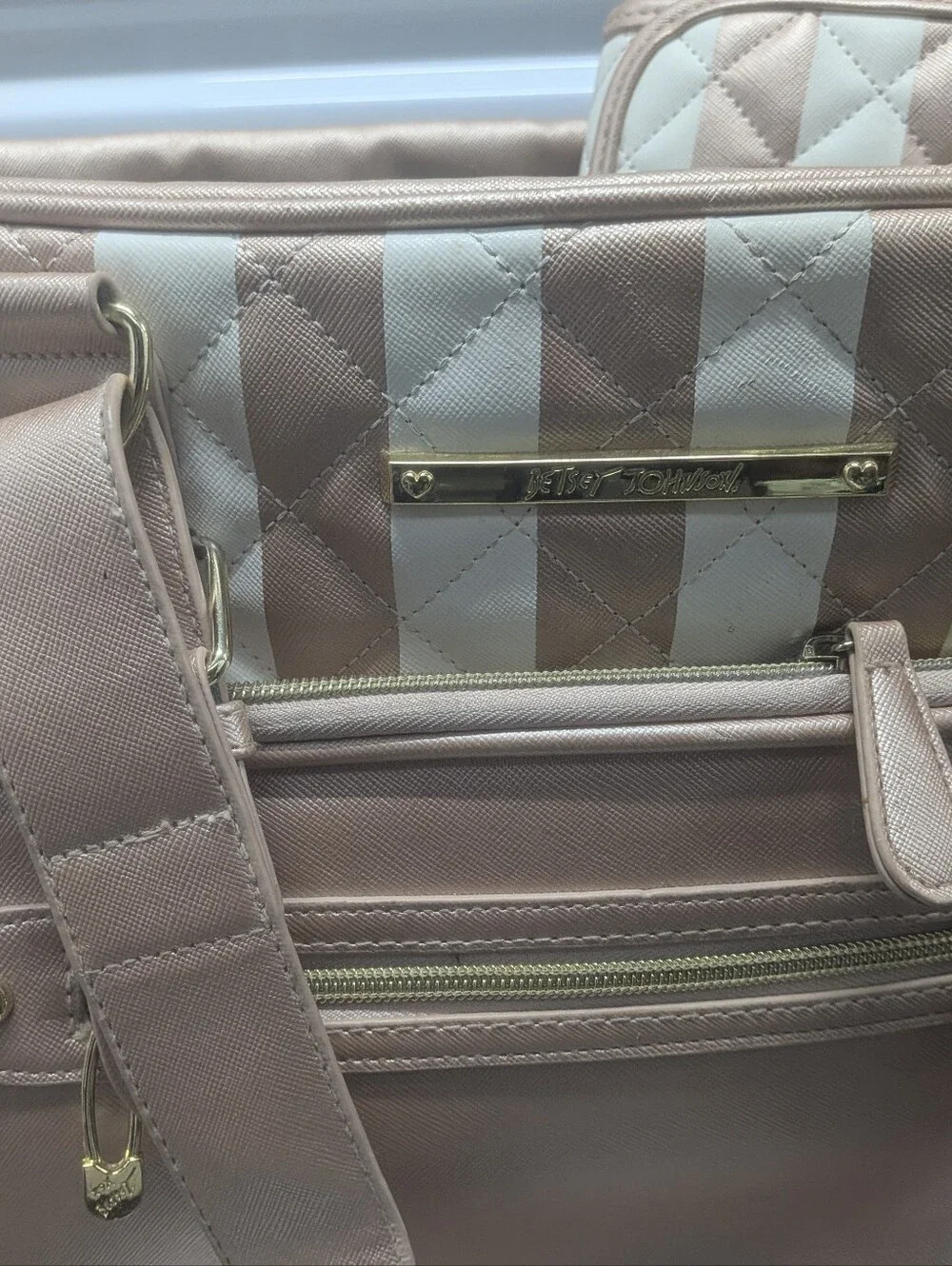 Betsey JOHNSON Rose Gold Quilted Stripe Tote  Diaper Bag with Matching Baby Mat